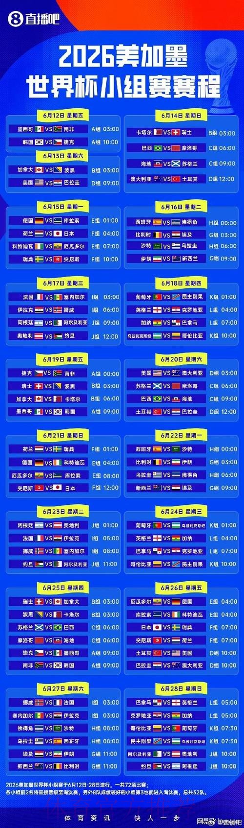 2026世界杯小组赛赛程今日完整安排免费观看